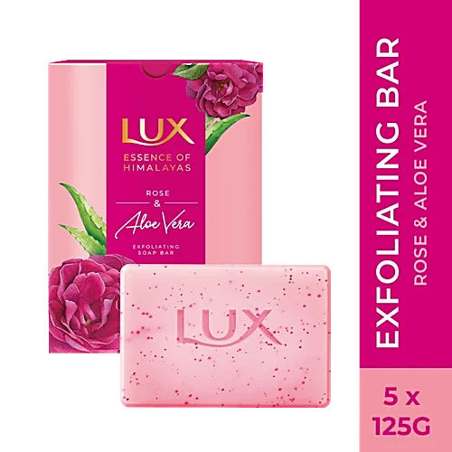 Lux Exfoliating Soap Bar - Rose & Aloevera, Essence Of Himalayas, 125 g (Pack of 5).