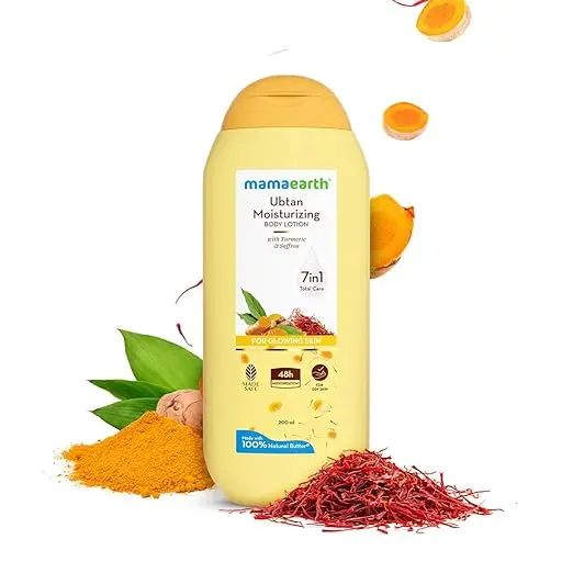 Mamaearth Ubtan Moisturizing Body Lotion with Turmeric & Saffron for Glowing Skin 200 ml | 48H Moisturization | Nourishes Dry Skin | 7in1 Total Care | 100% Natural Butter | Non-Greasy Smooth Skin