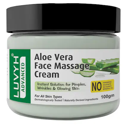 Luvyh Aloe Vera Face Massage Cream (100g) Organic Non-Toxic AloeVera for Acne, for Scars, Glowing & Radiant Skin Treatment for All Skin Types No Parabens, No Mineral Oil, No Sulphate, No Silicone