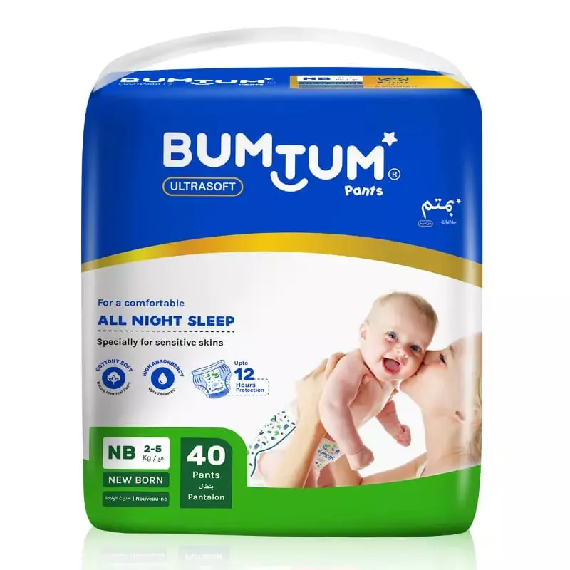 BUMTUM ULTRASOFTSpecially TorensitivFor a comfortableALL NIGHT SLEEP Specially for sensitive skinsCOTTONYEUpte 12 Hours ProtectionNB 2-5 New born 40 PantsPantalon